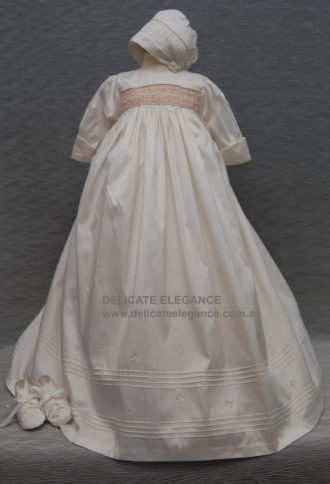 4203 (Pink Smocking): Girls' Silk Christening Gown