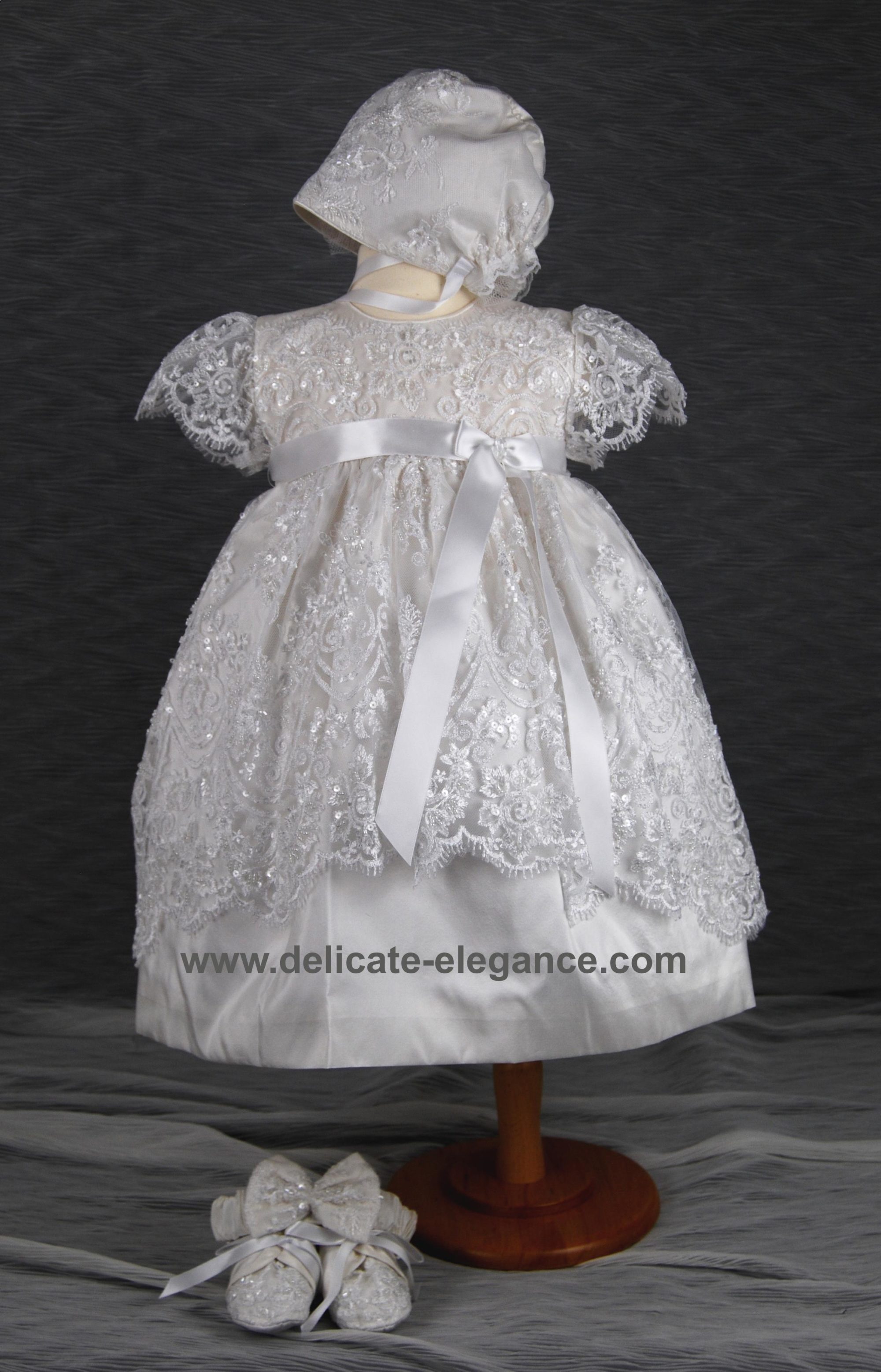 4249 (White Lace): Girls' Silk Christening Dress