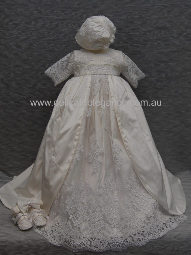 4265 (White Lace): Girls' Silk Christening Gown - Delicate Elegance