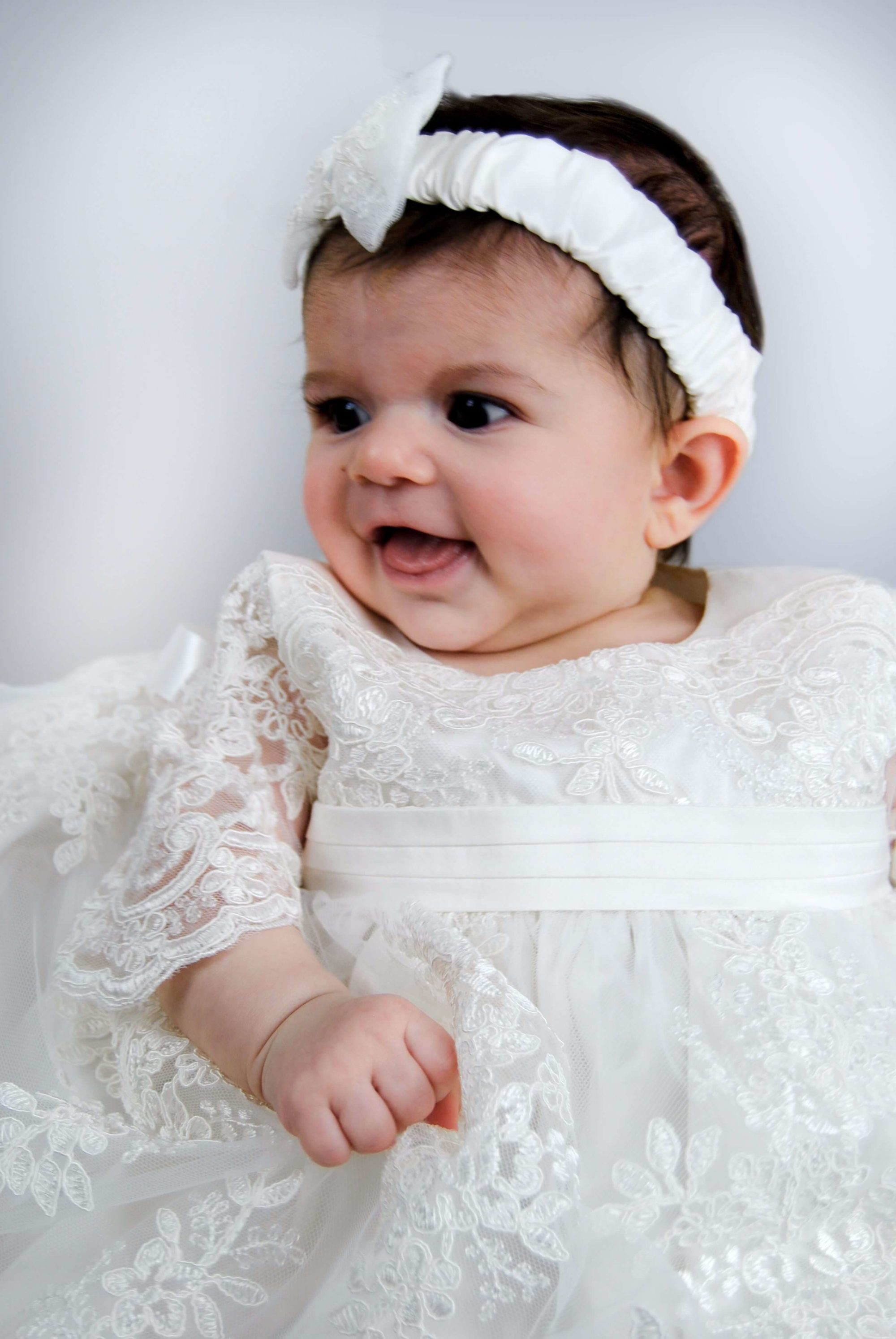 4290PD: Girls' Silk Christening Dress & Lace Pinafore