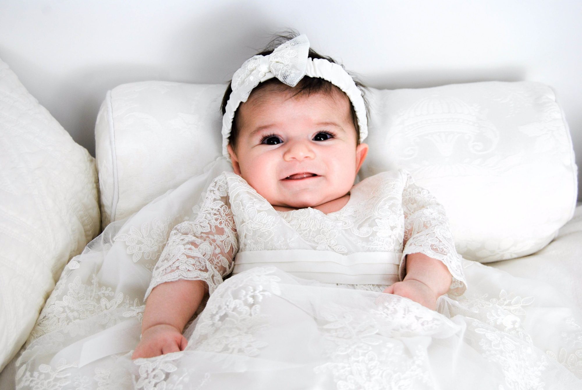 4290PD: Girls' Silk Christening Dress & Lace Pinafore