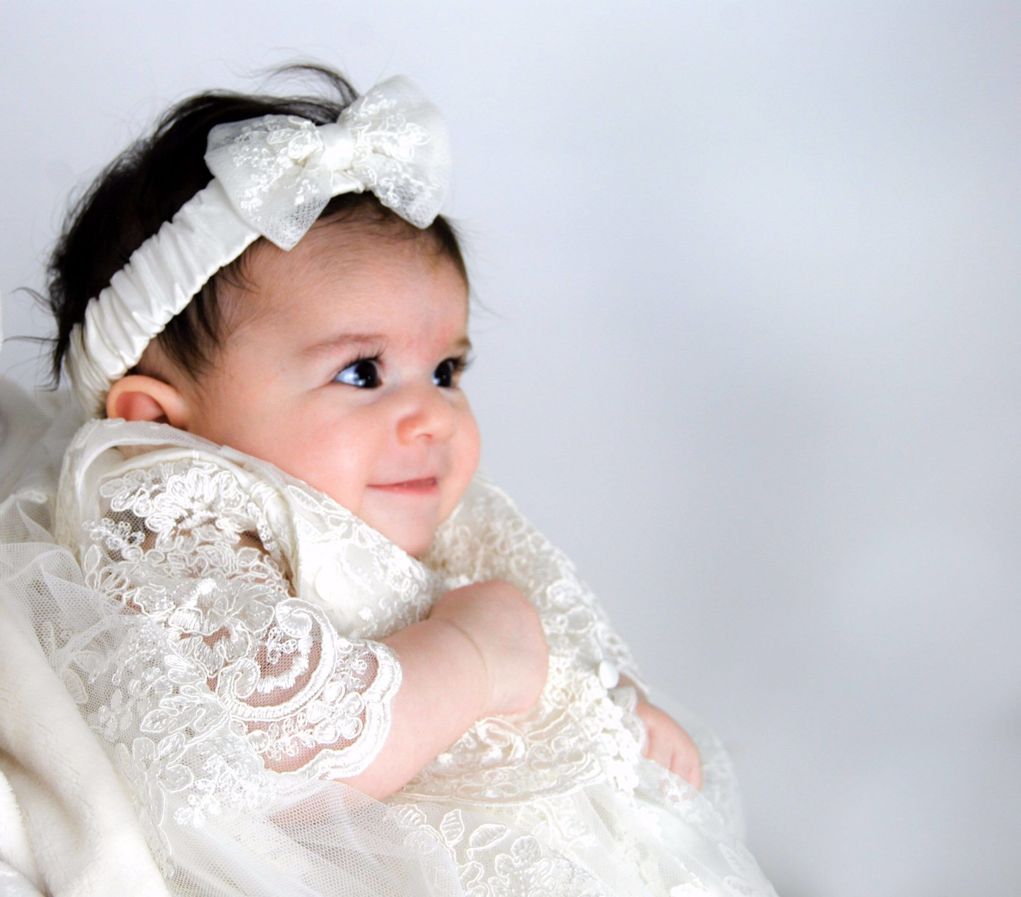 4290PD: Girls' Silk Christening Dress & Lace Pinafore