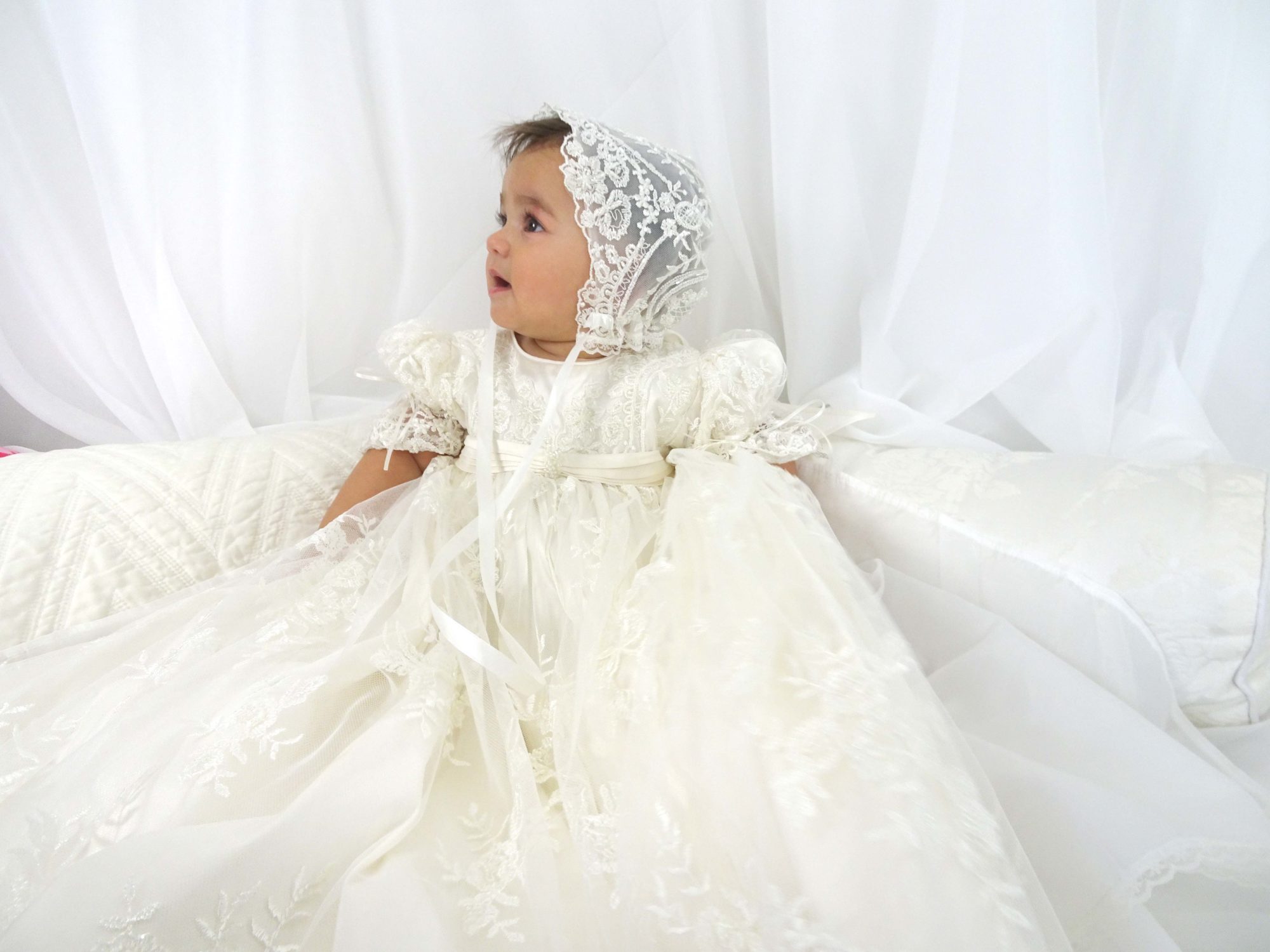 4255 (Ivory Lace): Girls' Silk Christening Gown