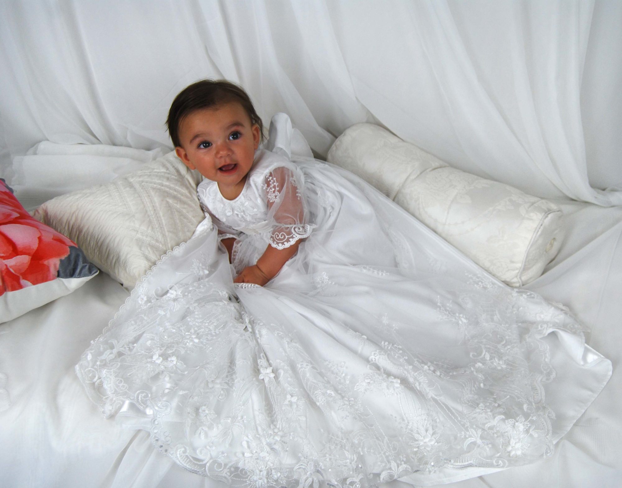 4266B (White Lace): Girls' Shantung Christening Gown