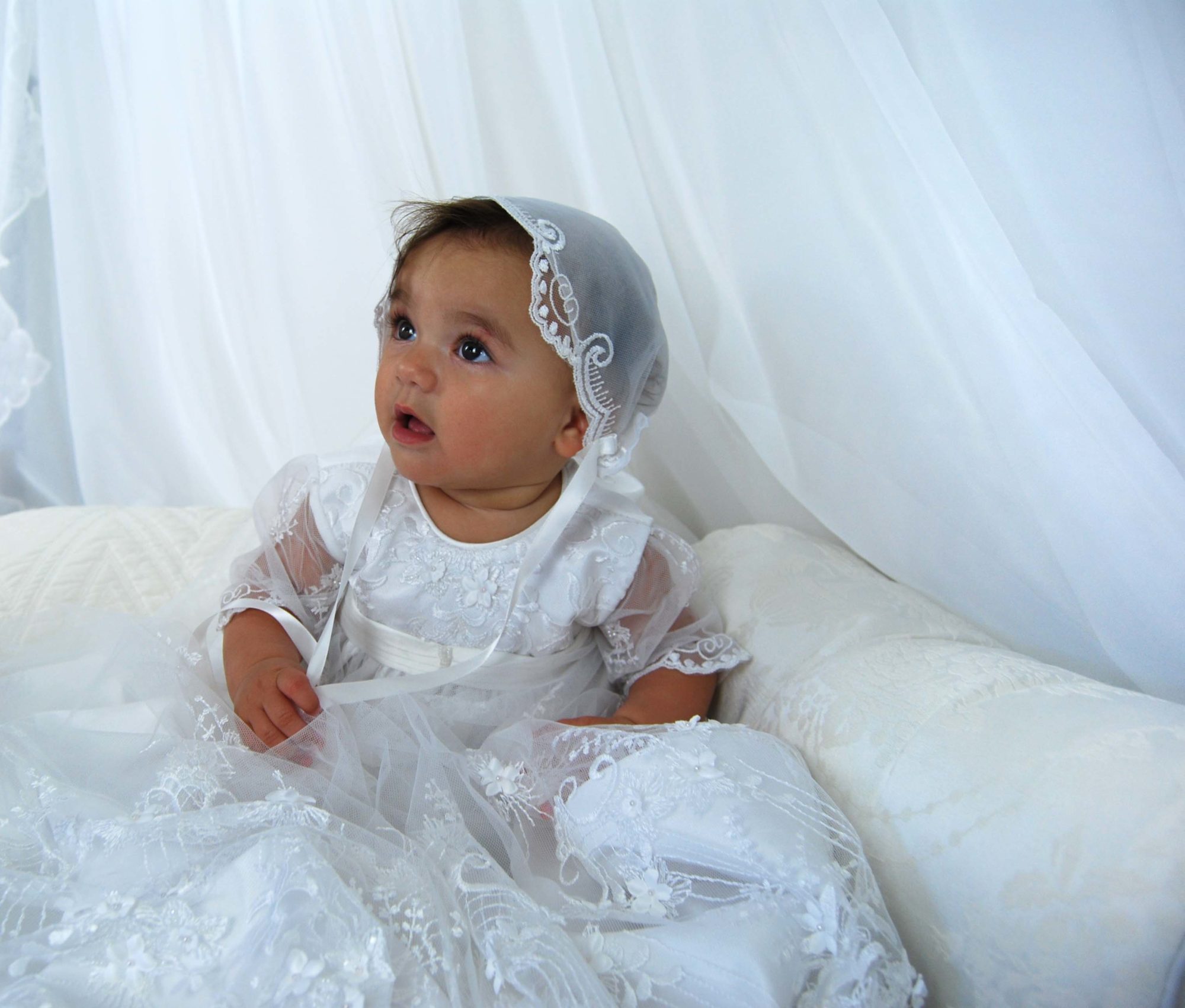 4266B (White Lace): Girls' Shantung Christening Gown