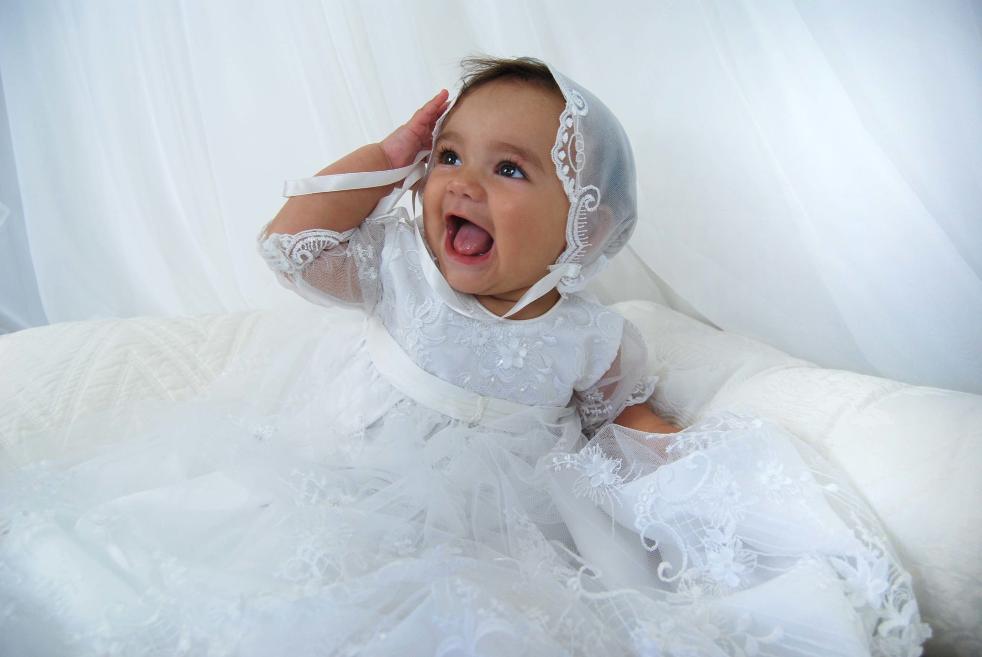 4266B (White Lace): Girls' Shantung Christening Gown