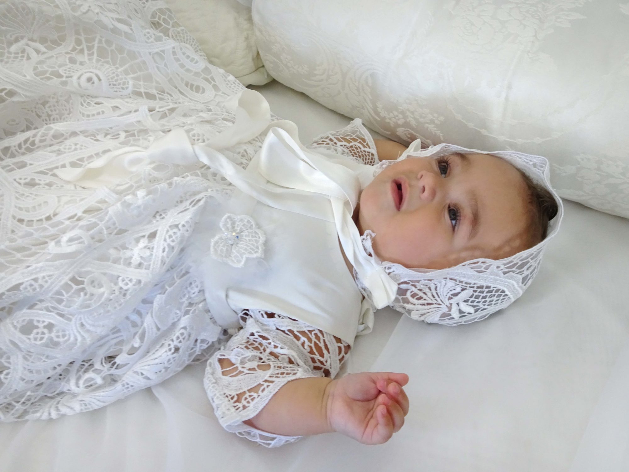 4300 (White Lace): Girls’ Silk Christening Gown