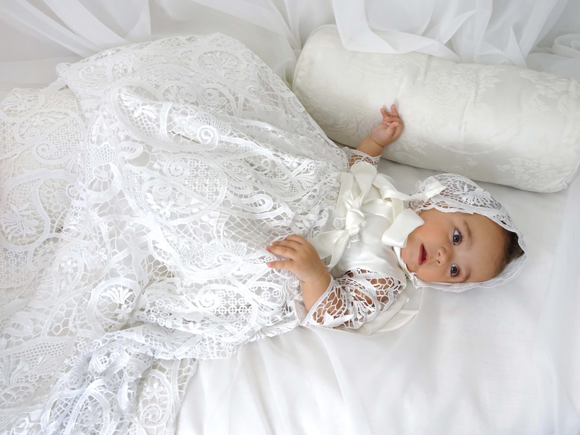 4300 (White Lace): Girls’ Silk Christening Gown