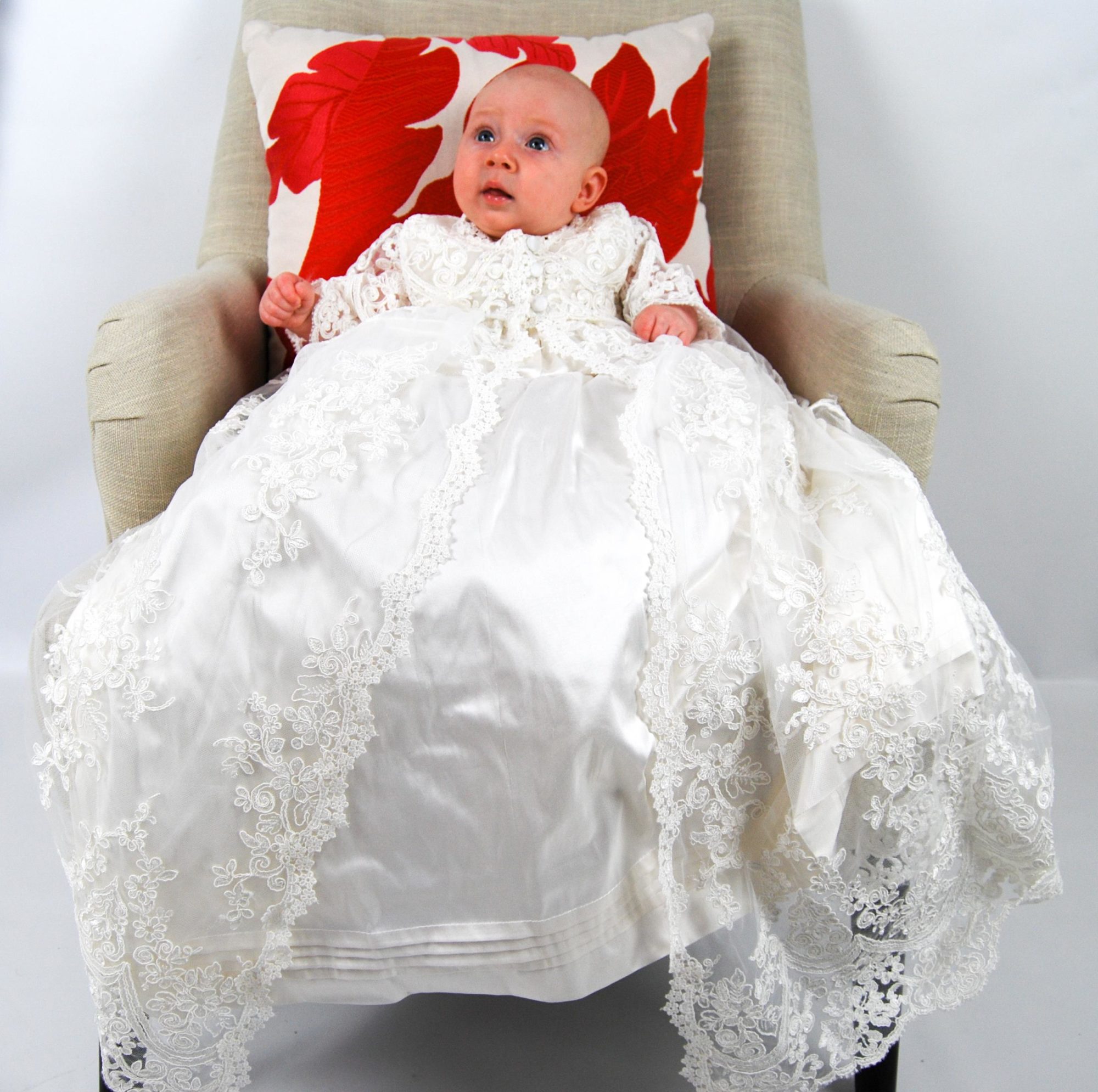 4291PG: Girls' Silk Christening Gown & Lace Pinafore