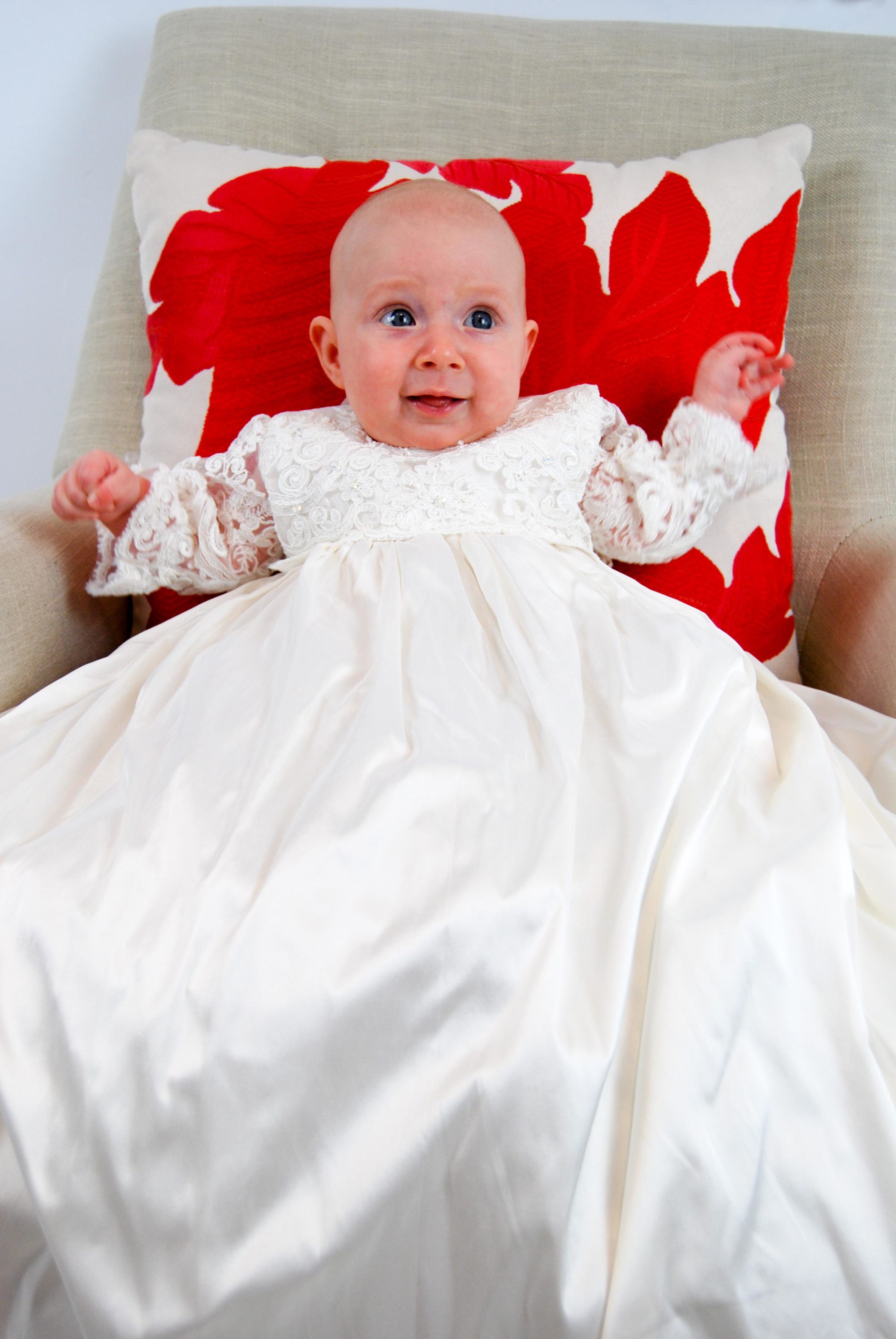 4291PG: Girls' Silk Christening Gown & Lace Pinafore