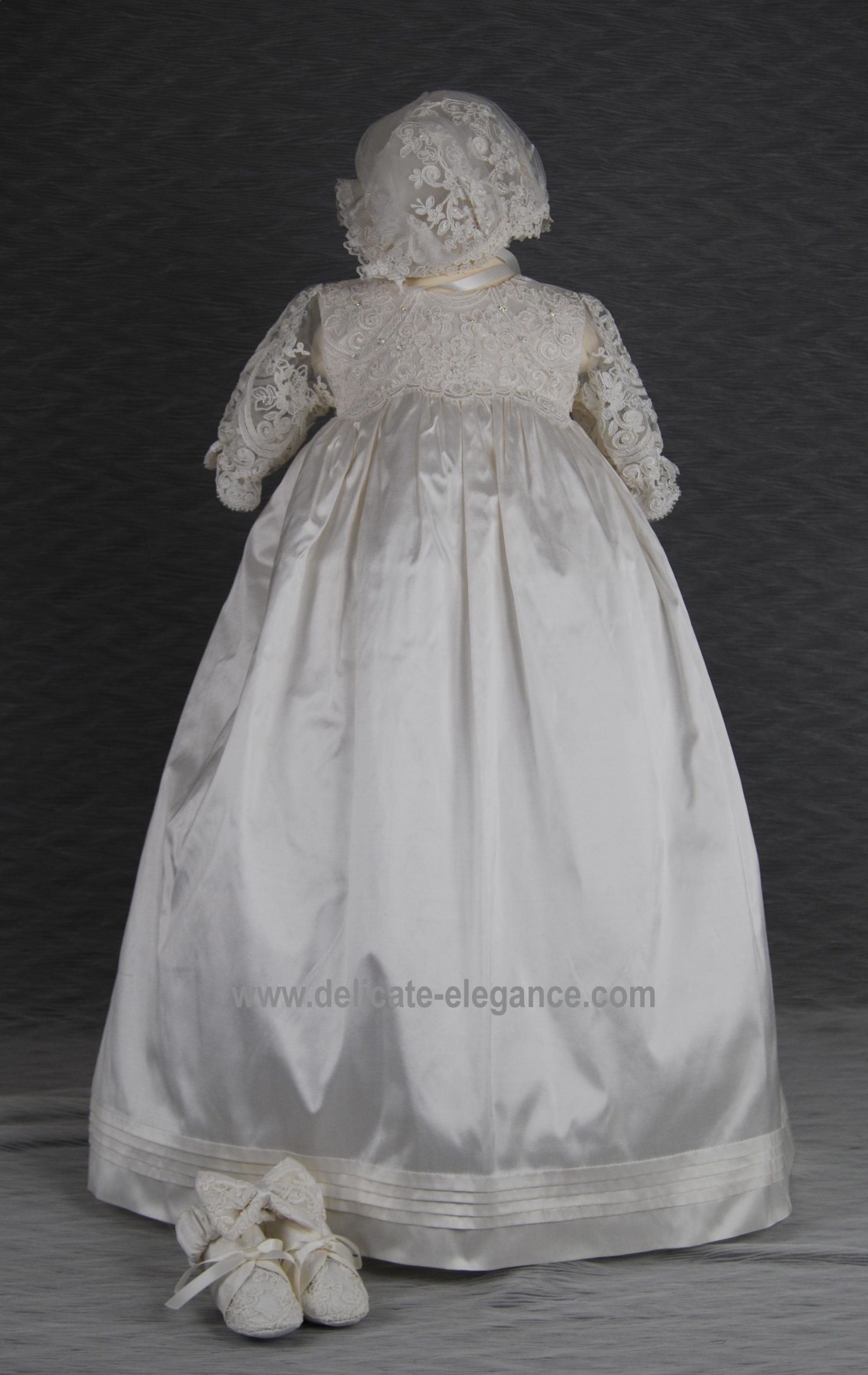 4291PG: Girls' Silk Christening Gown & Lace Pinafore