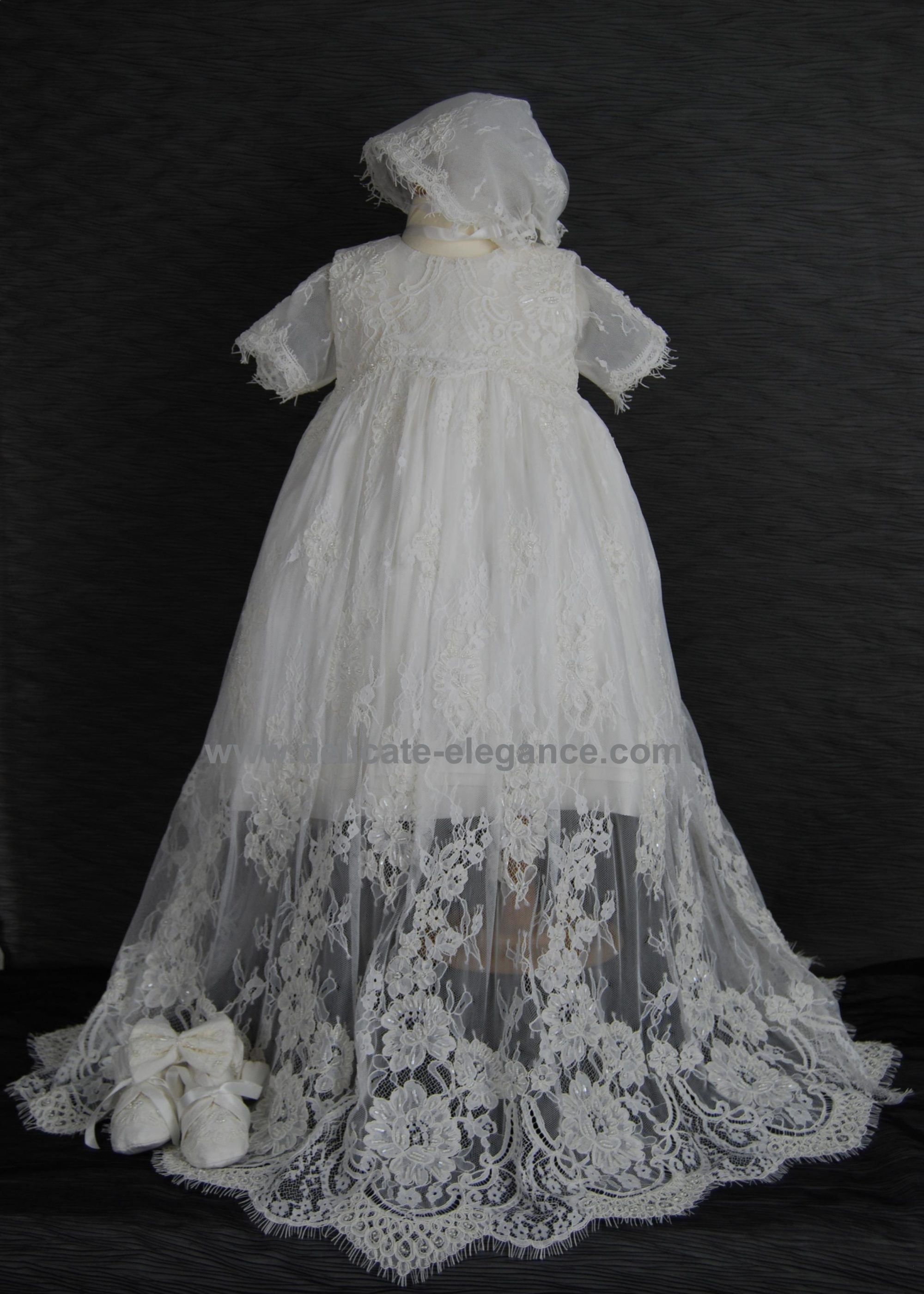 4295PD: Girls' Silk Christening Dress & Lace Pinafore