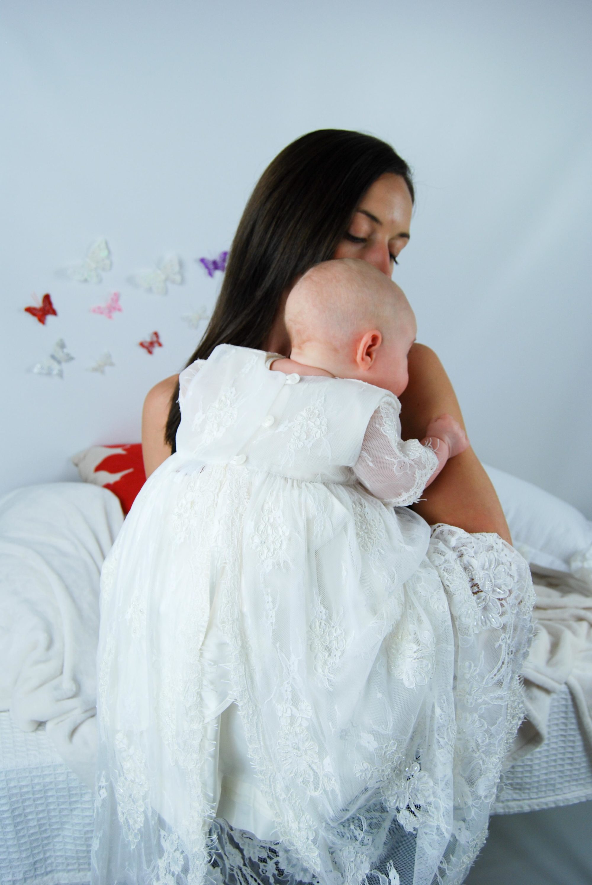 4295PD: Girls' Silk Christening Dress & Lace Pinafore