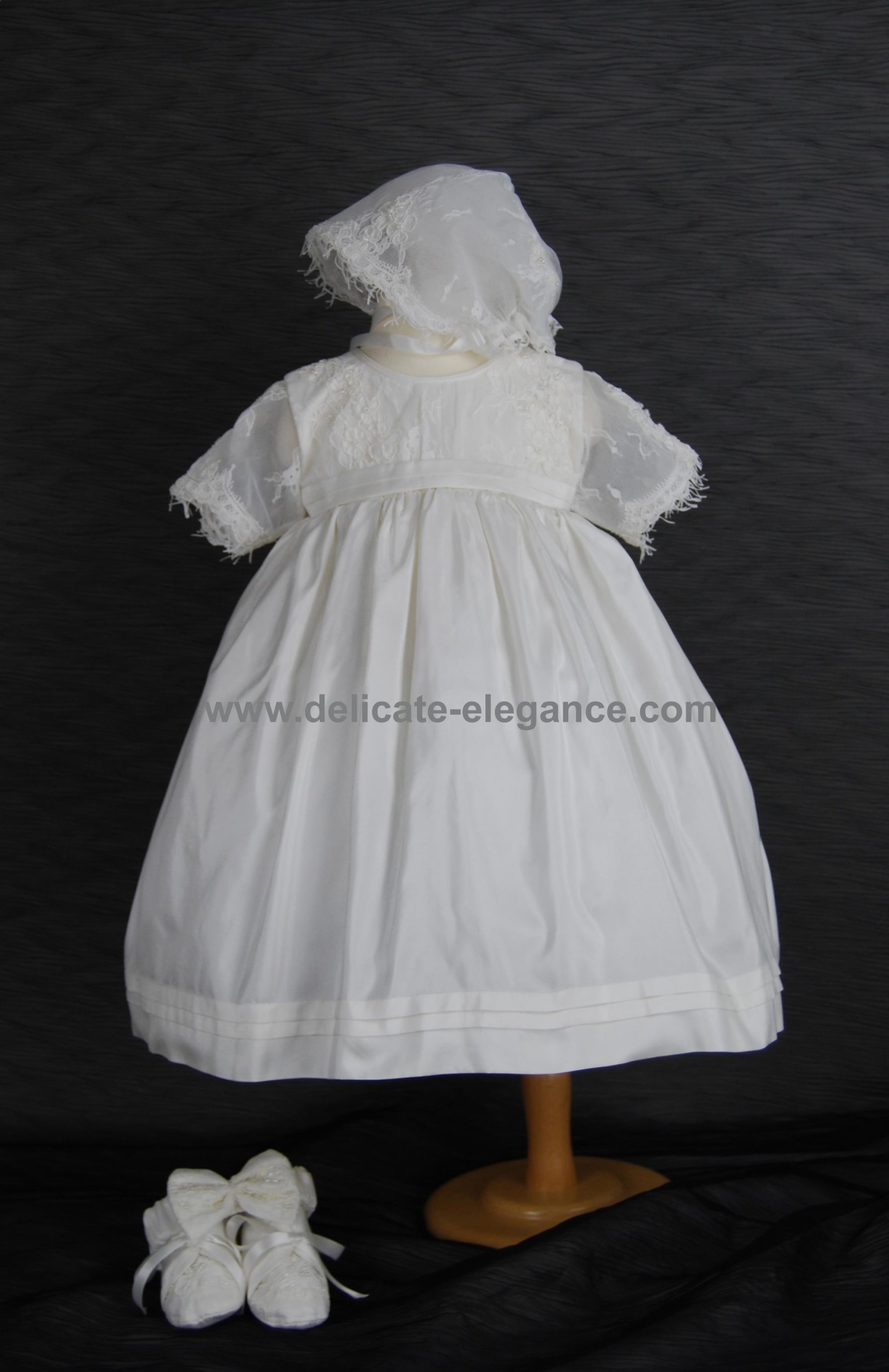 4295PD: Girls' Silk Christening Dress & Lace Pinafore