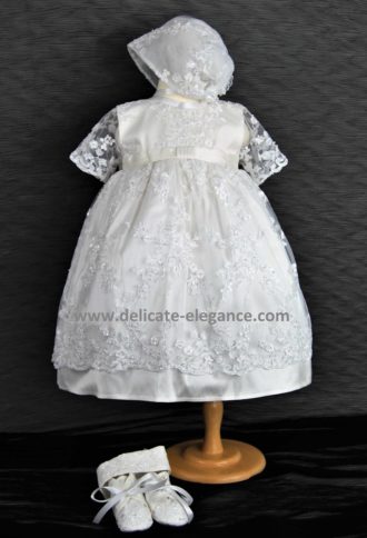 4241-01 (White Lace): Girls' Silk Christening Dress