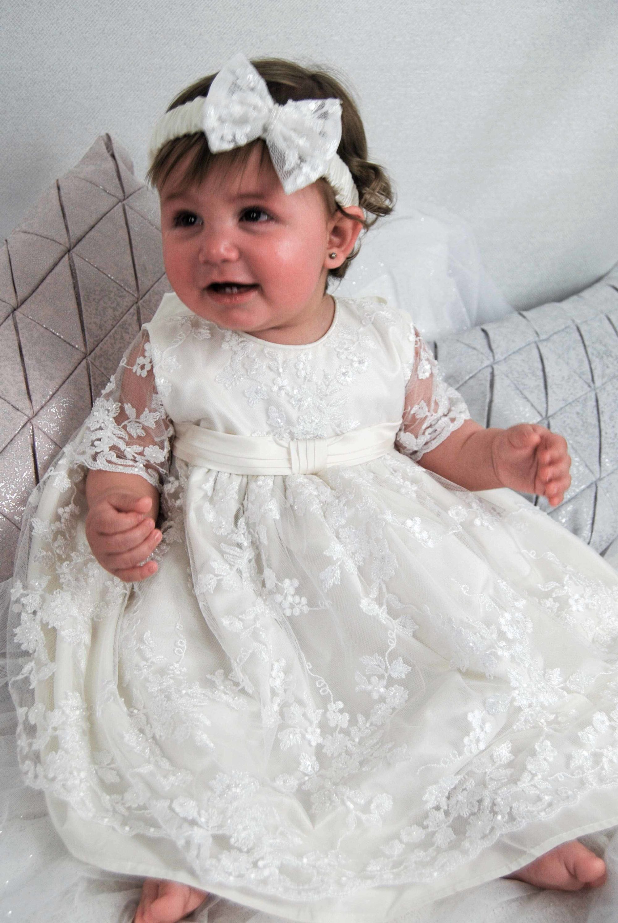 4241-01 (White Lace): Girls' Silk Christening Dress