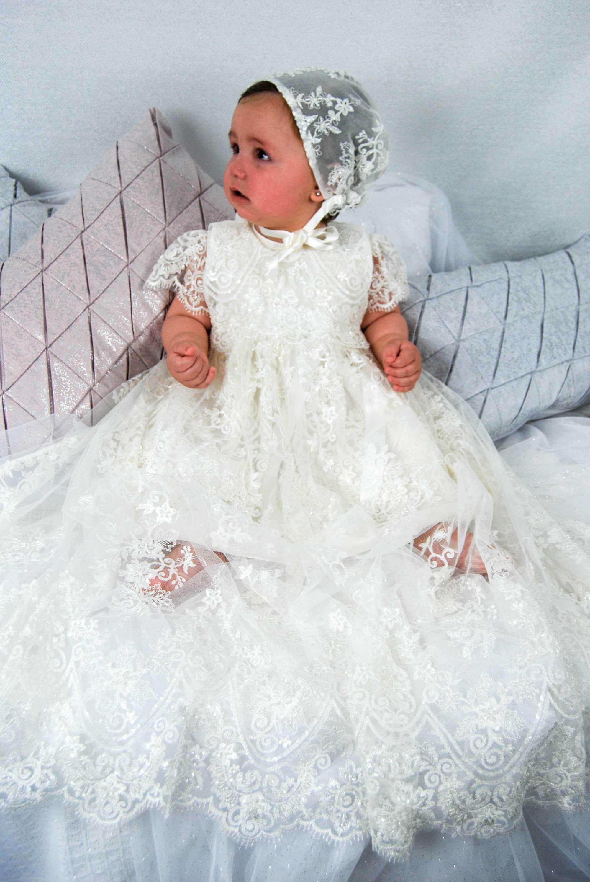 4249PD (Ivory Lace): Girls' Silk Christening Dress & Lace Pinafore