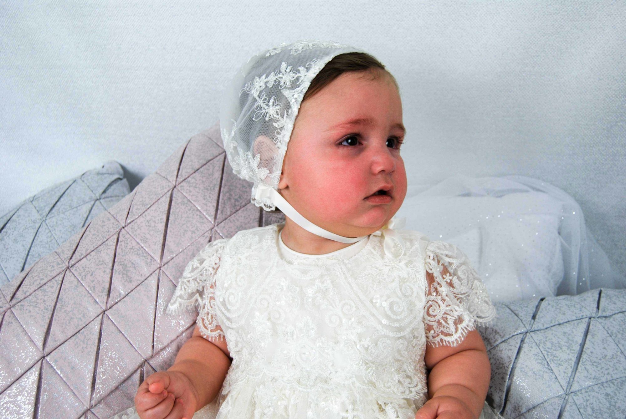 4249PD (Ivory Lace): Girls' Silk Christening Dress & Lace Pinafore