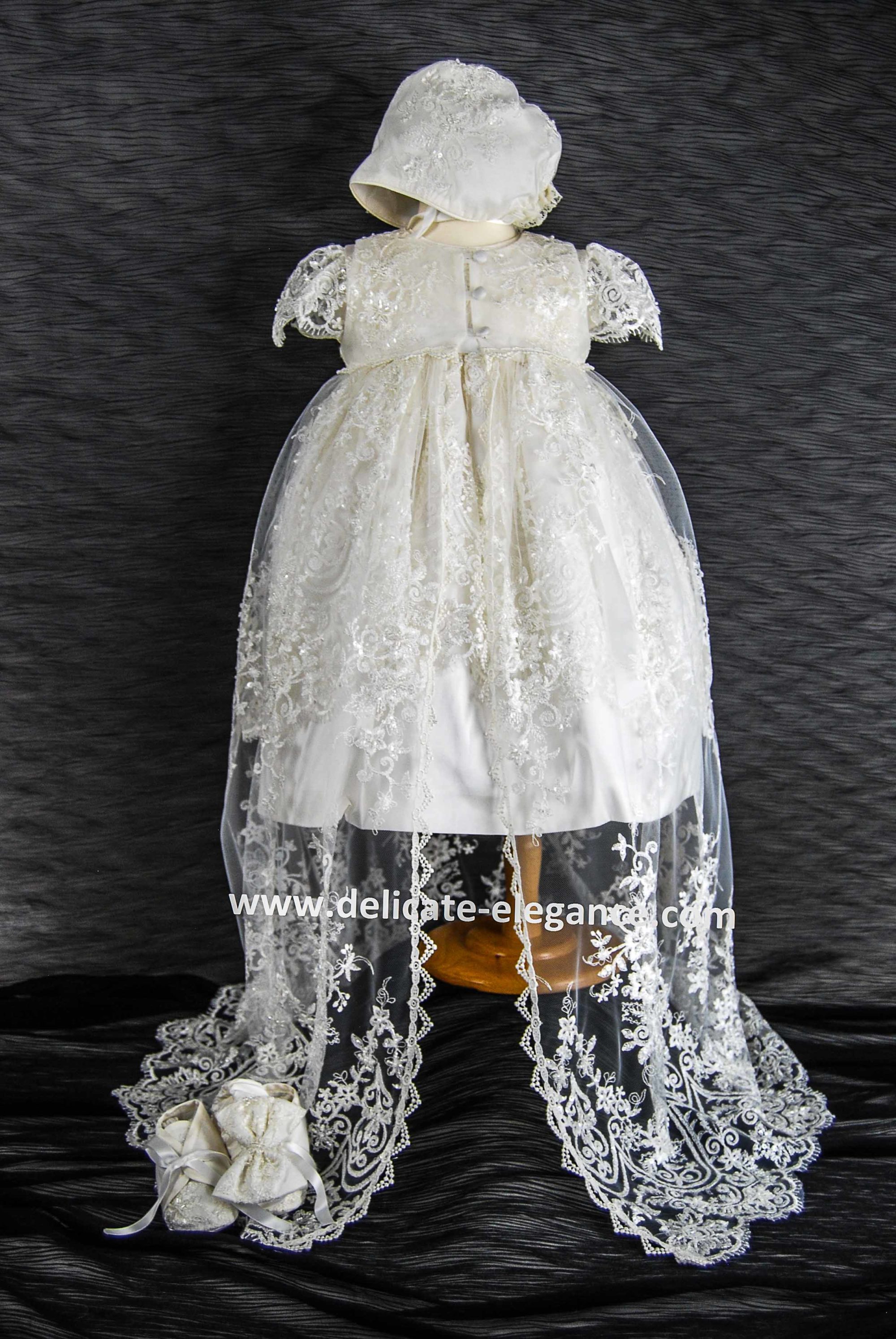 4249PD (Ivory Lace): Girls' Silk Christening Dress & Lace Pinafore