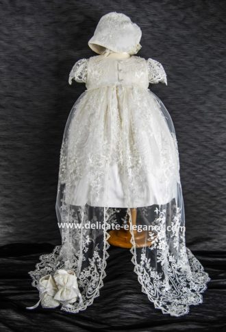 4249PD (Ivory Lace): Girls' Silk Christening Dress & Lace Pinafore