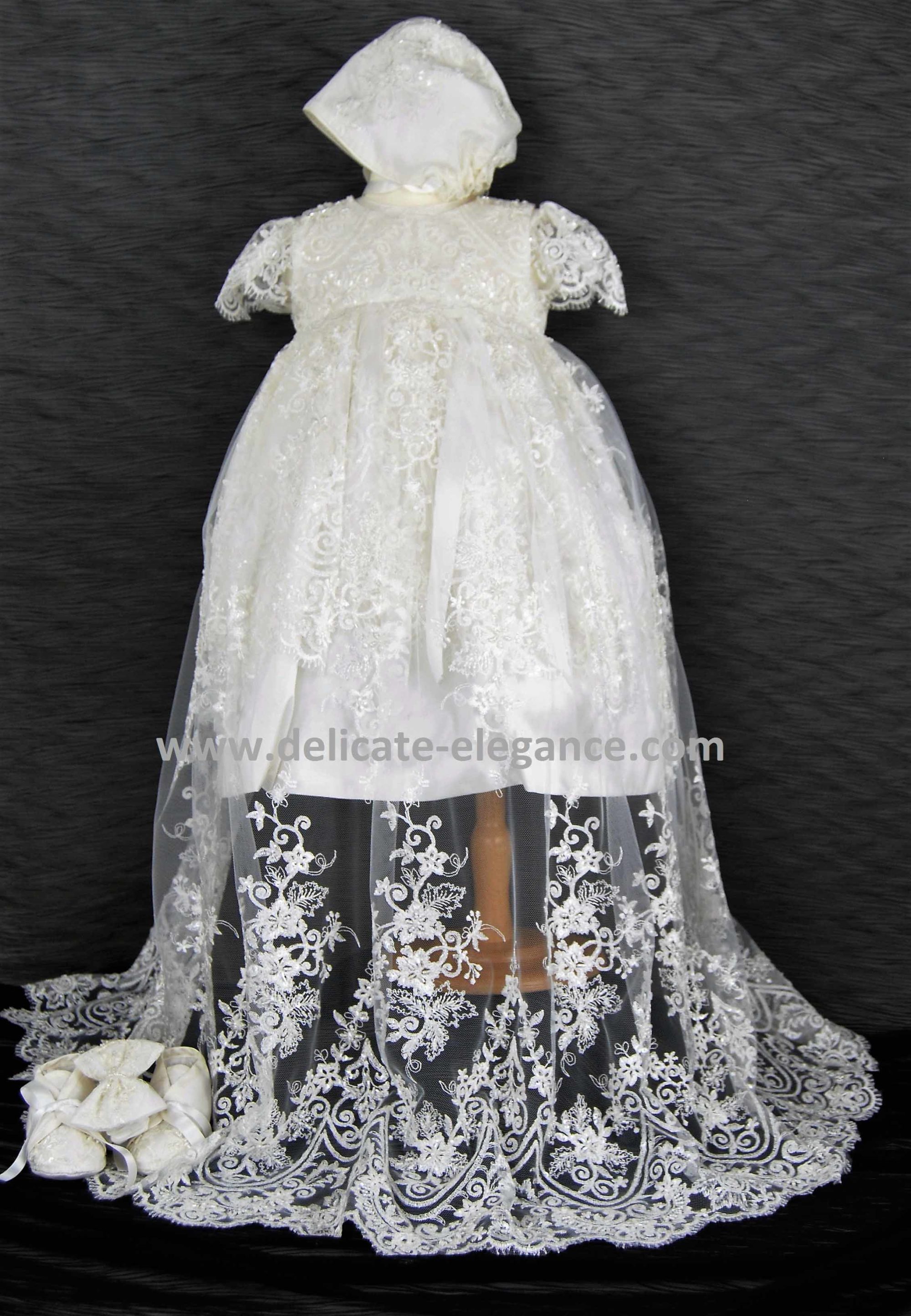 4249PD (Ivory Lace): Girls' Silk Christening Dress & Lace Pinafore