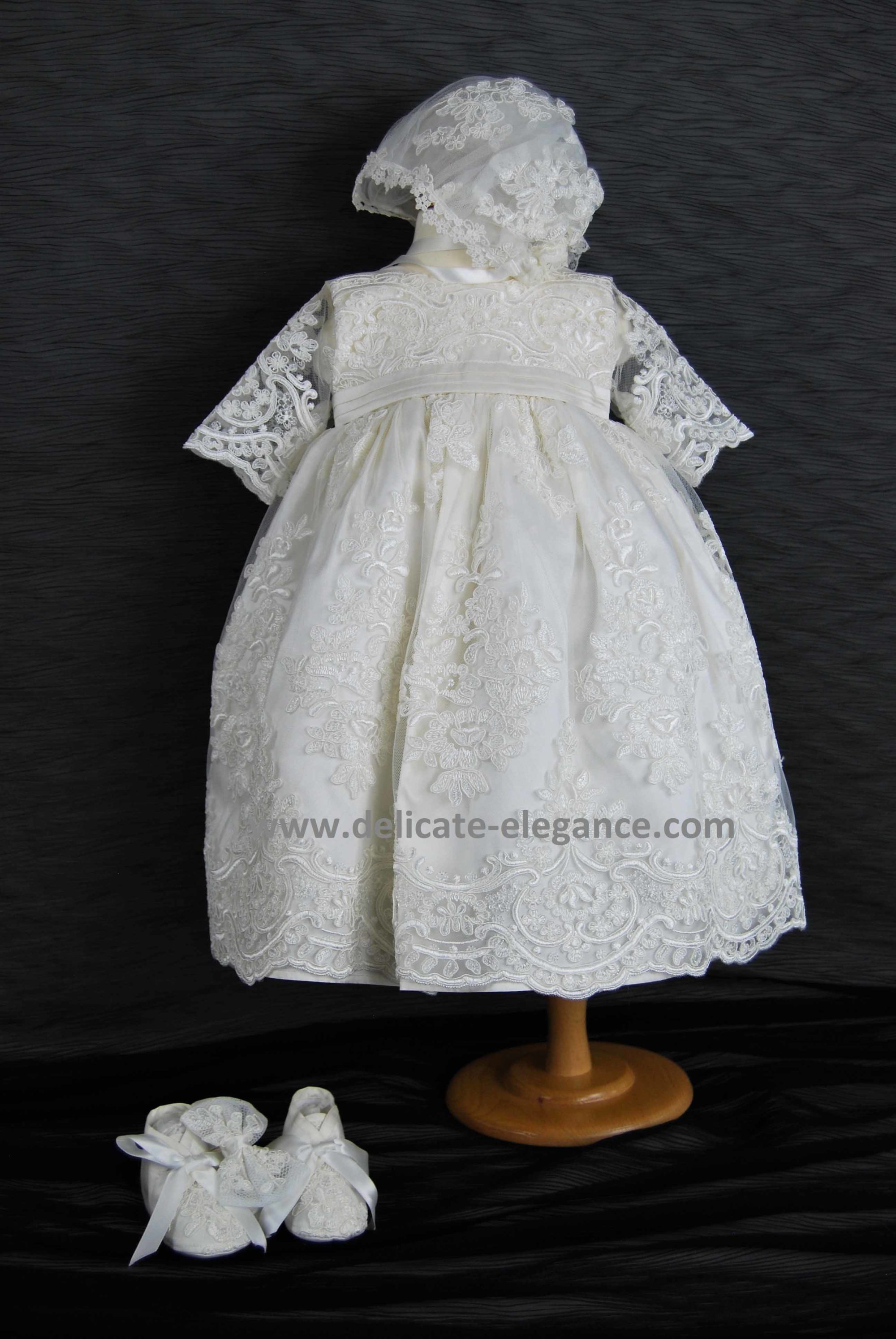 4290PD: Girls' Silk Christening Dress & Lace Pinafore