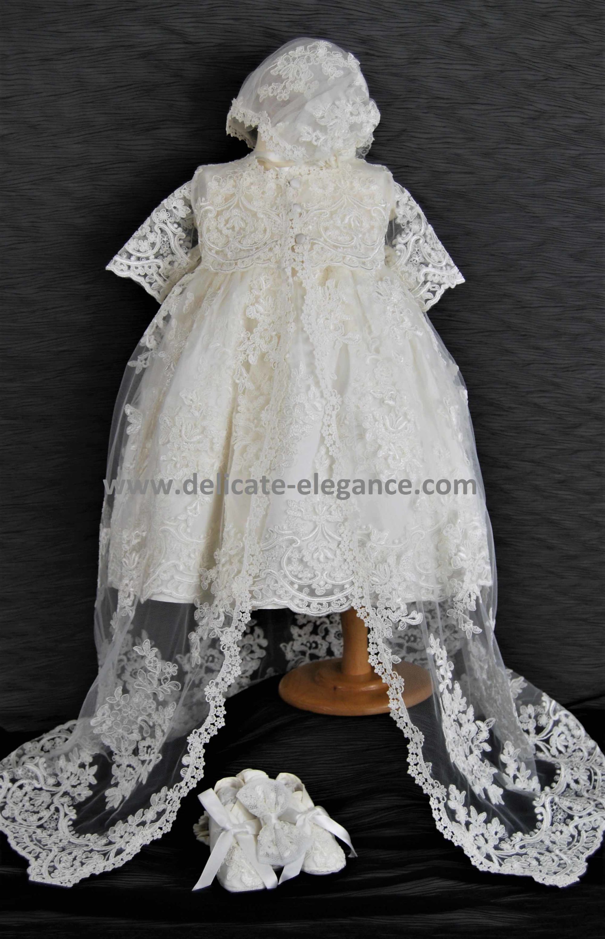 4290PD: Girls' Silk Christening Dress & Lace Pinafore