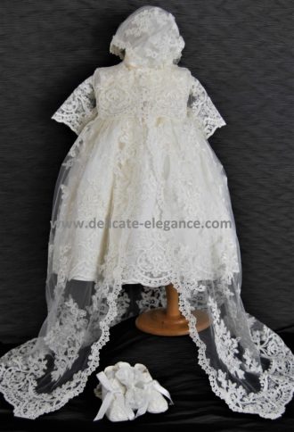 4290PD: Girls' Silk Christening Dress & Lace Pinafore