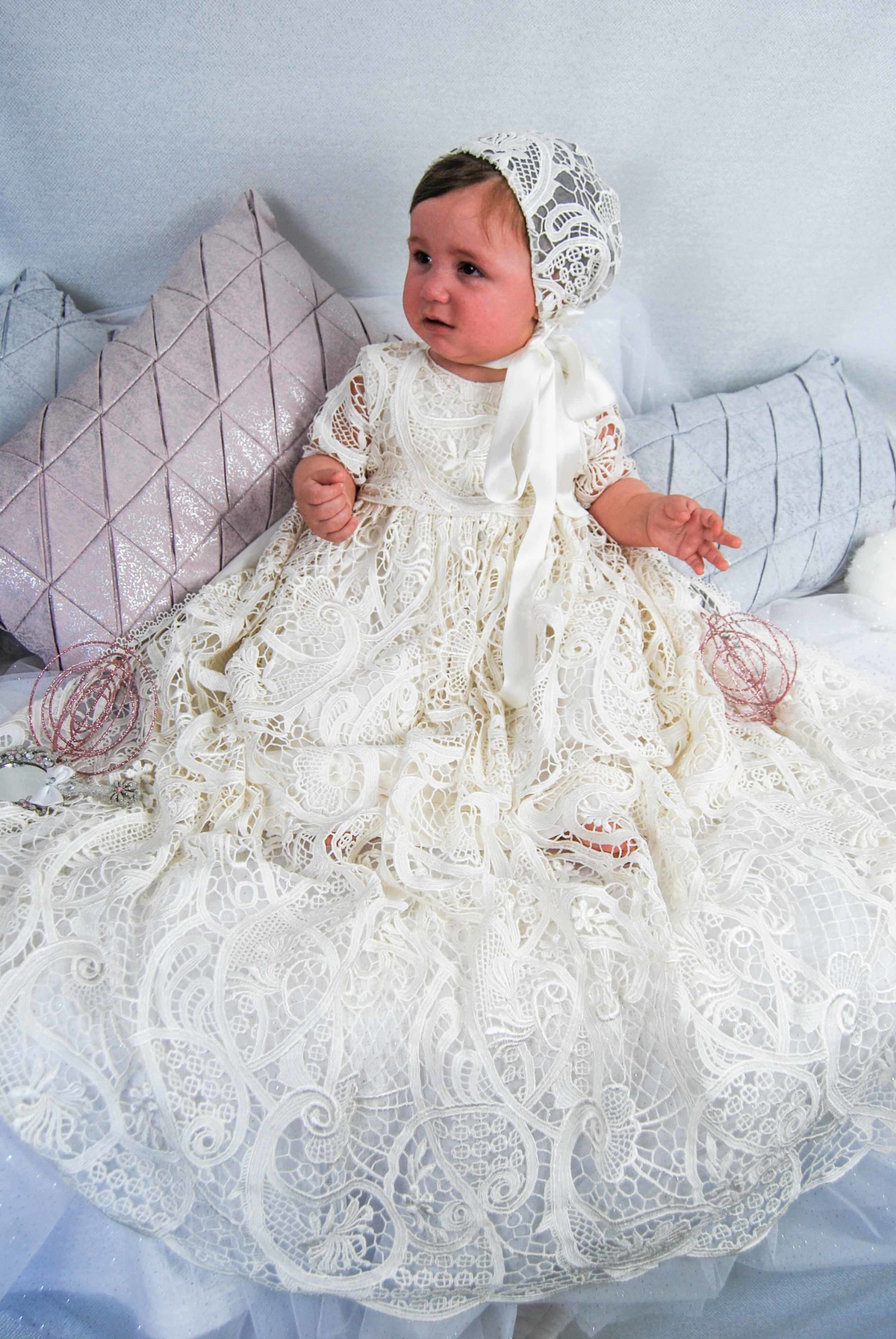 4306PD (Ivory Lace): Girls' Silk Christening Dress & Lace Pinafore