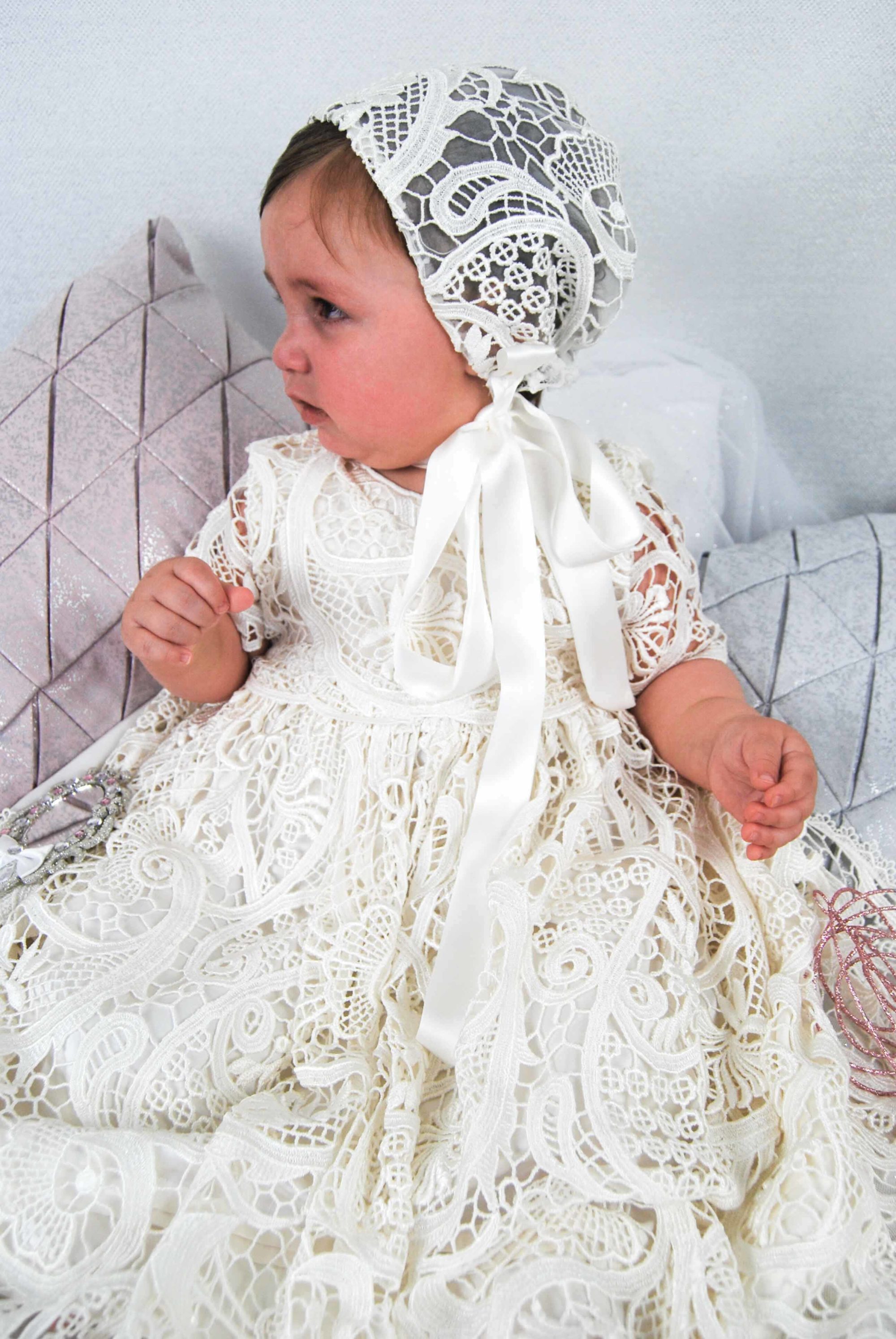 4306PD (Ivory Lace): Girls' Silk Christening Dress & Lace Pinafore