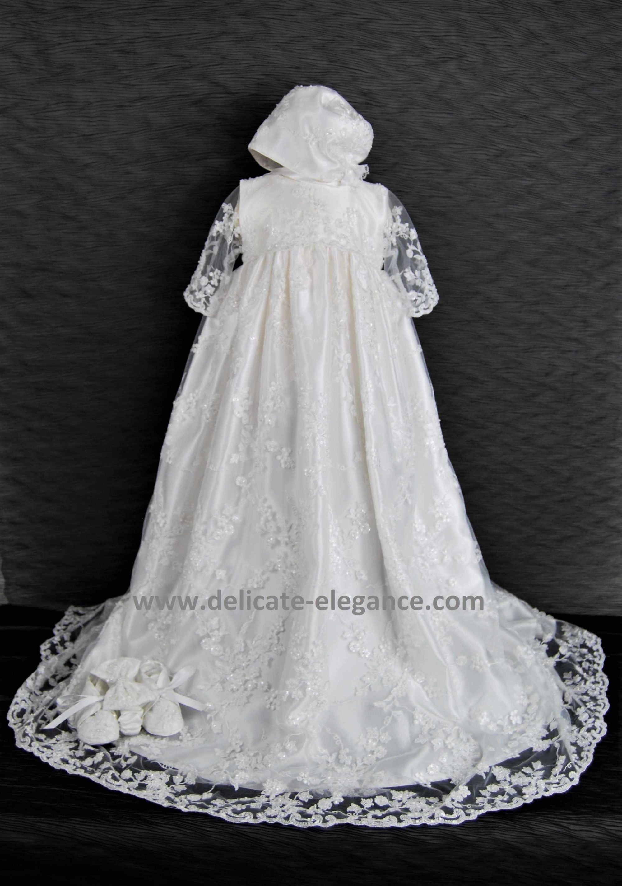 4348 (White Lace): Girls' Satin Christening Gown